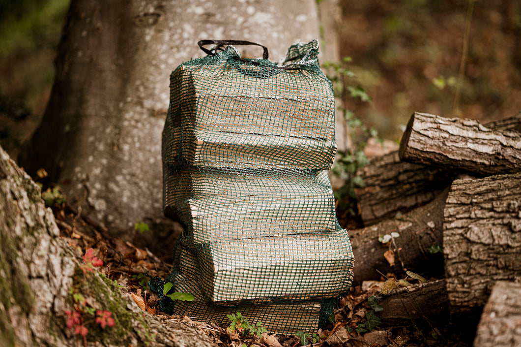 Net sack of firewood in a woodland.